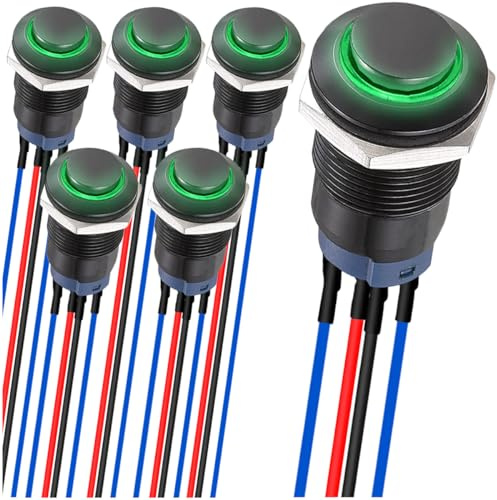 MKBKLLJY 6St. 12mm einrastende led Druckknopfschalter Schwarzes Gehäuse mit Vorverdrahtung IP65 Wasserdichter Druckknopfschalter 1NO 1 Normalerweise selbstsperrend mit grüner LED für Auto Auto Boot