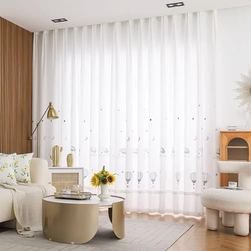 Beydodo Gardinen Polyester Weiß, Vorhänge Ösen 2er Set 86x160CM Jacquard mit Wolken Heißluftballons Motiv Gardinenschals Halbtransparent Schiebevorhänge Wohnzimmer Schlafzimmer Kinderzimmer