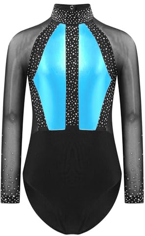 Xnihocha Turnanzug Mädchen Mesh Langarm Ballettanzug Glitzer Eiskunstlauf-Body Balletttrikot Sport Overall Jumpsuit Klassisch Tanz Leotard Hellblau 170