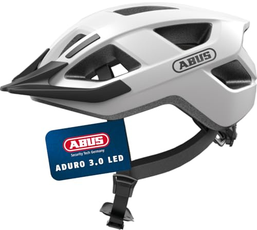 ABUS Casco da bicicletta Aduro 3.0 LED – Casco sportivo da città dal design elegante per escursioni quotidiane e sportive – con fanale posteriore – per uomo e donna – taglia L, bianco