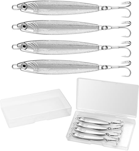 Annyswit 4 Pcs Metal Sea Fishing Lures with Trebles Hooks Silver Minnow Spoon Lures 20g 30g 40g 60g Pike Sea Fishing Tackle Metal Jigs for Mackerel & Cod & Bass & Freshwater (20g*4Pcs)
