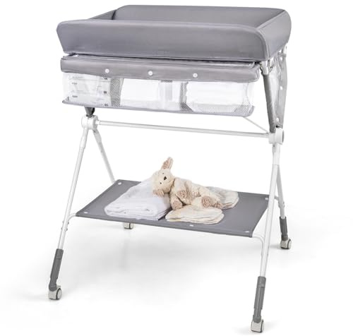 COSTWAY Baby Changing Table, Foldable Infant Care Station with Wheels, Adjustable Height, Storage Rack, Portable Nursery Organizer for Newborn (Grey)
