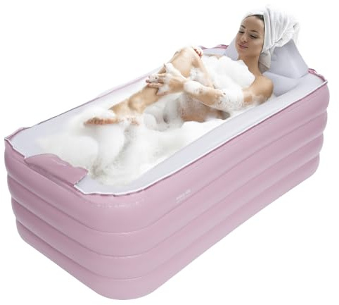 Inflatable Bath Tub Adult, Free-Standing Blow Up Bathtub with Foldable Portable 4-Tier PVC Feature for Adult Spa with Electric Air Pump, Outdoor SPA Home Tub Pink, 160 × 94 × 64cm