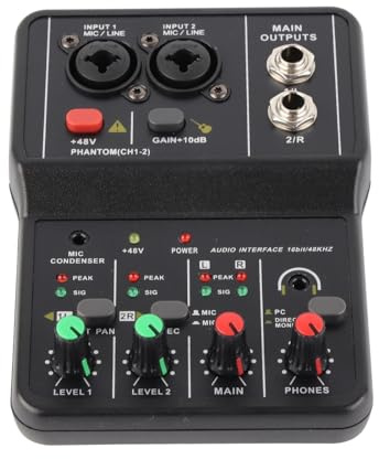 Mezclador de DJ, Mesa de mezclas de sonido con fuente de alimentación USB, mezclador compacto de 2 canales con alimentación Phantom de 48 V, 2 canales for grabación de música