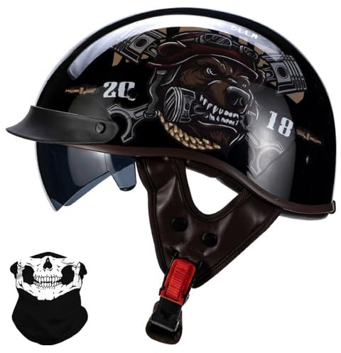 Yirunfa Casco Moto Adulto, Casco Semi Aperto con Visiera. Certificato ECE retrò Mezzo Conchiglia Casco, Casco da Moto Aperto Caschi A Scodella, per Chopper Vintage Moto Cruiser