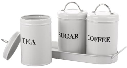 LOLYSIC Tea Coffee Sugar Canisters Set of 3-1L Airtight Metal Kitchen Canister Set with Tray - Metal Tea Sugar Coffee Jars - Round Kitchen Dry Food Storage Tins (White)