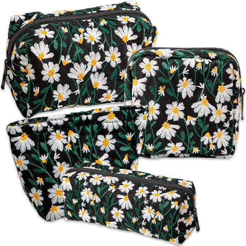 Set di 4 Pochette Donna Trucchi con Ricamo Margherita - Trousse da Viaggio in Cotone con Cerniera - Può Contenere Portafoglio, Bracciali, Cosmetici e Articoli per l'Igiene (Ferroso)