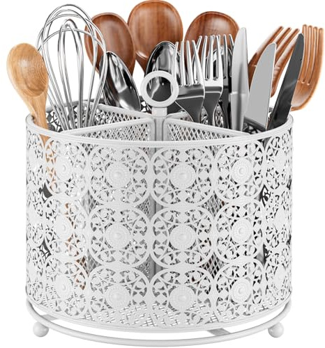 Portautensili cucina, 4 scomparti girevole 360° in acciaio inox | Organizer da piano cucina con design floreale. Ideale per riporre mestoli, posate e utensili su bancone e cucina.