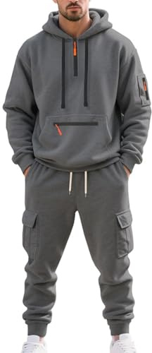 MEDUOLA Men's Tracksuit Quarter Zip Hoodie with Hood Jogging bottoms with Pocket 2 Piece Sets Warm and Comfortable Casual (L,Dark grey)