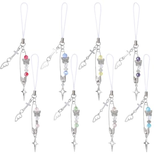 SUNNYCLUE 1 boîte de 8 breloques de Téléphone en Forme de Croix Pendentifs en Argent Nœuds Crucifix Lanière Gothique Cordon Esthétique pour Téléphone Portable Sacs Portefeuilles Porte Clés Fournitures