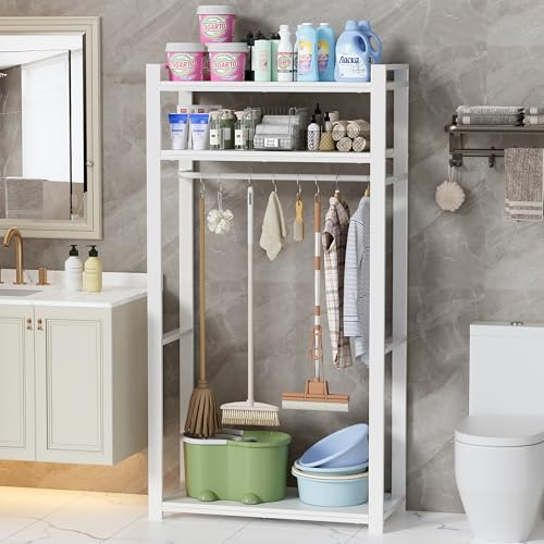 Besenschrank Mehrzweckschrank 80CM breit Putzschrank Organizer in Weiß Haushaltsschrank Staubsaugerschrank aus Holz & Metall Besenhalterung und Gerätehalter für Küche Wohnzimmer Waschküche 80x40x170CM
