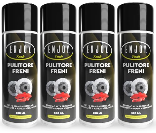 ENJOY TECH Pulitore Freni Spray 4x500ml Professionale – Sgrassante Rapido per Auto, Moto e Bici – Rimuove Grasso, Olio e Ferodo Senza Residui – Sicuro su Plastiche e Gomma con Valvola 360°