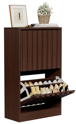 UEV Schuhschrank mit 2 Klappen Holz Schmal, Schuhkipper für Flur Wohnzimmer, Schuhkommode mit Kippschutz, Schuhaufbewahrung, Verstellbare Trennwände für Verschiedene Schuhtypen dunkel braun