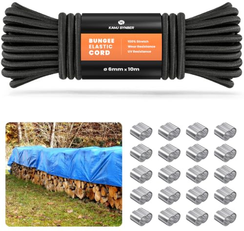 Kamu Synber Gummiseil 6mm x 10m Expanderseil Gummischnur Gummikordel | Spanngummi Planenseil Spannseil | mit 20 Würgeklemmen, 100% Dehnung, Wetterfest | für Anhängerplane, Gepäck, Sonnensegel