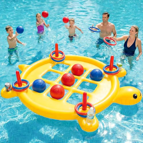 CWLAKON 2 in 1 Aufblasbares Pool Spielzeug Set, Riesiges schwimmendes Tic-Tac-Toe mit Becherhalter, Ringwurfspiel mit 10 Bällen & 10 Ringen für Erwachsene Kinder, großes Outdoor-Spiel für Pool Garten