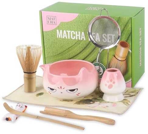 Matcha Set, 8Pcs Ceramic Matcha Whisk Set, Gifts for Women, Matcha Bowl with Cat Design and Whisk, Complete Matcha Kit for Matcha Lovers, Birthday, Anniversary