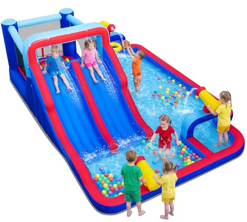Inflatable Water Slide Bounce House, 8-in-1 Slide Tunnel Splash Pool, Climbing Wall, Water Guns, Basketball Hoop, Soccer Gate, Outdoor Obstacle Course for Kids