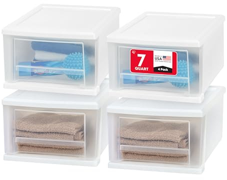 IRIS USA 7 Qt. Plastic Stackable Storage Drawers, Small, 4 Pack, Multi-Purpose Bins for Bedroom, Bathroom, Closet, Craft Room, Garage, Kids Room, Office, Pantry, Under Sink, White