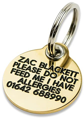 Engraved Dog tag, Deeply Engraved, Reinforced Solid Brass 27mm Circular Dog tag