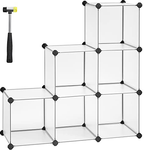 SONGMICS Estantería Modular de 6 Compartimentos, Organizador Modular de Plástico con Patas, Zapatero, Cubo de 30 x 30 x 30 cm, Salón, Dormitorio, Estudio, Martillo de Goma, Blanco LPC111S