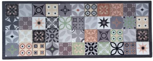 oKu-Tex Fußmatte | Schmutzfangmatte, Küchenläufer | Mosaik Muster Kacheln Kariert | Waschbar | Türvorleger für innen | rutschfest |anthrazit/grün | 45 x 75 cm