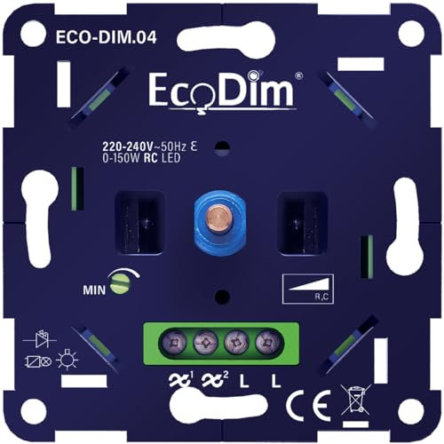LED Dimmer 230V - Phasenabschnitt, 0–150 W, Push-Pull-Schalter, Drehdimmer für LED-Lampen, eingebaut - 100% Silent - EcoDim