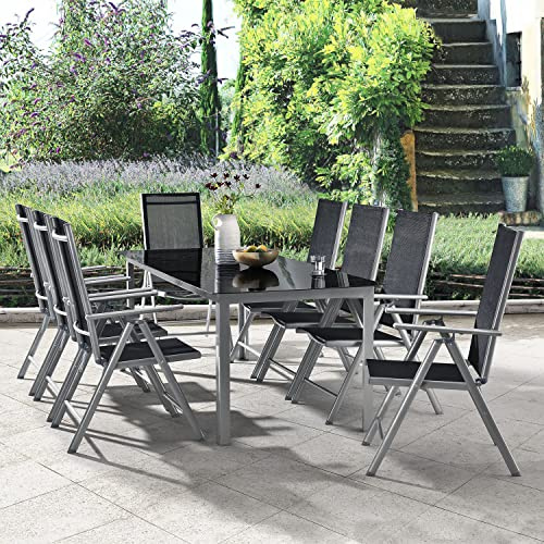 Juskys Aluminium Gartengarnitur Milano 8+1-8 Hochlehner Stühle verstellbar & klappbar mit Tisch - Gartenmöbel Set 9-teilig wetterfest - Silber