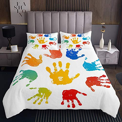 Tie Dye Bettüberwurf Hand Handfläche Bedruckt Tagesdecke 170x210cm für Kinder Jungen Mädchen Bunte Aquarellkunst Steppdecke Boho Psychedelic Wohndecke 2St