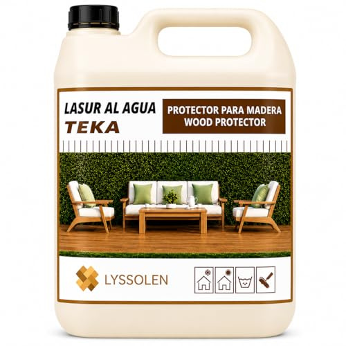 LYSSOLEN - Lasure Protectrice pour Bois Satinée - Lasure Extérieur à l’Eau avec Effet Imperméabilisant - Protège, Décore et Embellit Tous les Types de Bois (TECK, 5 LITRES)