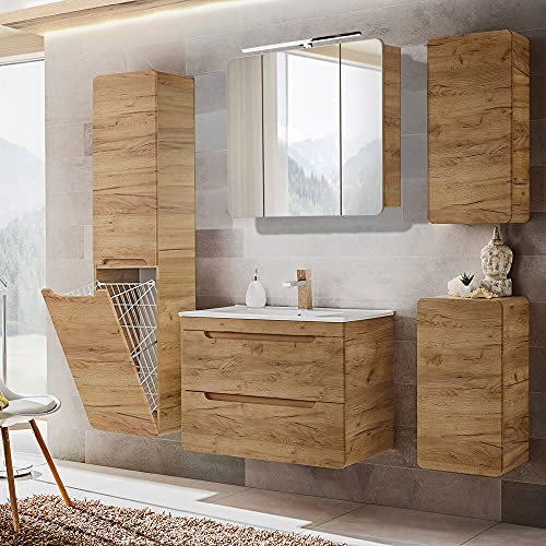 Lomadox Badezimmermöbel Set Eiche, Keramik Waschtisch mit Unterschrank, Spiegelschrank mit LED-Beleuchtung, Hochschrank mit Wäschesammler, Hänegschrank, Unterschrank