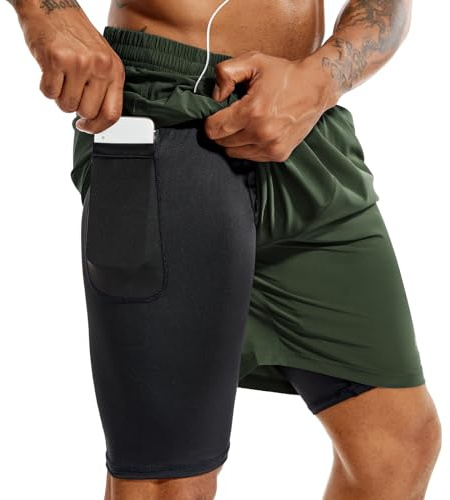 TENJOY män 2 i 1 löparshorts 15 cm, snabbtorkande gym sport träningsshorts med mobiltelefonficka, Grön, L