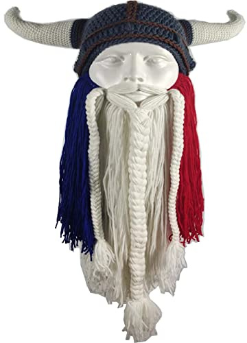 YEKEYI Big Horn Bonnet Viking Barbe Chapeau de Ski Amusant Barbare Halloween Noël, Perle Bleue Blanche Rouge, 58