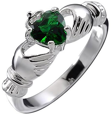 GWG Jewellery Sterlingsilber Claddagh Liebesring mit Smaragd-Grünenherz Stein, Händen und Krone – 5 in Geschenkbox für Frauen