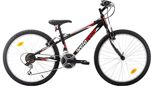 Multibrand Velotec Tempo Bicicleta de Montaña de Aluminio 24 Pulgadas, 18 velocidades, V-Brake, Bicicleta Juvenil, Adecuada para 130–155 cm (Negro con Rojo y Blanco)