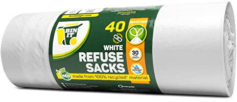 BIN IT 40 White Drawstring 30L Strong & Secure, Refuse Sacks, Bin Bags, Bin Liners, Recycled, Tear Resistant, 30 μm, Perfect for Everyday Use, Household, Office, Kitchen & Caterers