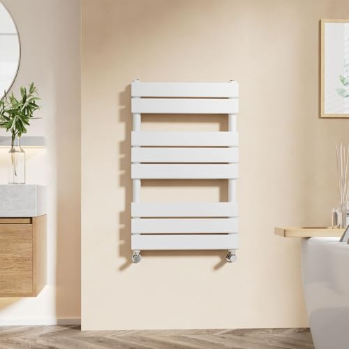 EMKE White Flat Panel Heated Towel Rail Radiator 800 x 500 mm - Wall Mounted Central Heating Bathroom Towel Warmer