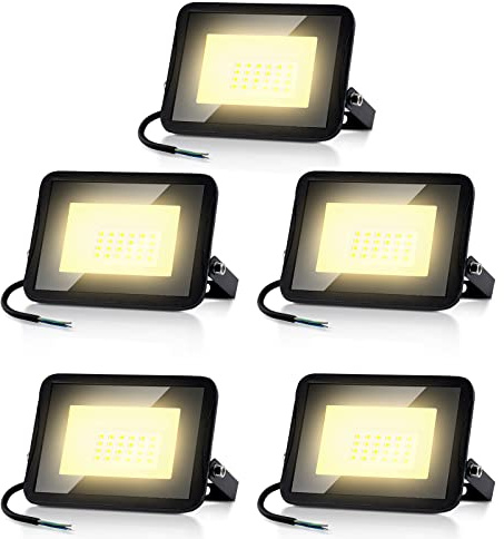 Ansobea Projecteur LED 30W, Projecteur LED Extérieur Superhell LED 2550LM, Eclairage Exterieur IP65 Etanche, 3000k Blancs Chauds, Radiateur Extérieur LED（5pcs）