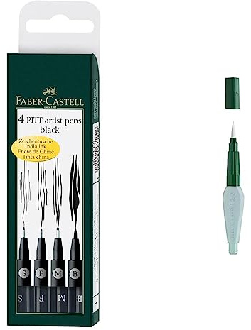 Faber-Castell 167100 - Tuschestift PITT artist pen, 4er Packung, Inhalt: S, F, M, B, schwarz & 185105 - Art & Graphic Wassertankpinsel, 1 Stück, medium brush