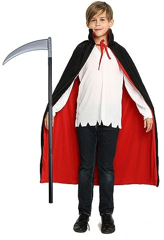 AOTOPYU Vampir Umhang, Sense 100 cm, Stab mit Sichel, Waffe, Grim Reaper, Zubehör, Mottoparty, Karneval, Umhang mit Stehkragen Schwarz Rot Doppelseitig Mit Erwachsener Für Halloween Kostüm (120cm)