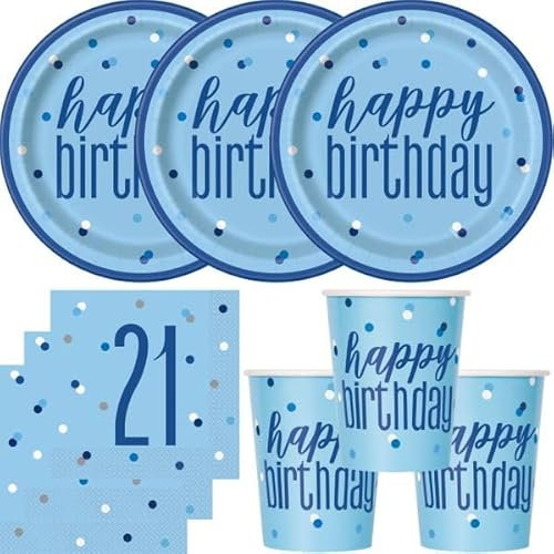 Playflip 21. Geburtstag Partyset Einweggeschirr hellblau blau 48 TLG. Partygeschirr Teller Becher Servietten