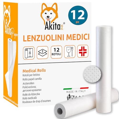 AkitaINK Rotolo carta lettino massaggio, Confezione da 12 Rotoli da 60 cm x 75 metri, 100% Cellulosa Morbidi e Assorbenti, Rotoli Carta Lettino Estetista e Terapie, Lenzuolini Medici Igienici Monouso
