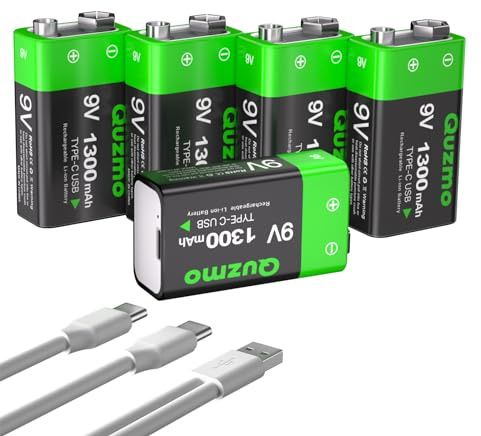 Quzmo 5-Pack Rechargeable 9 Volt Lithium-ion Batteries, 1300mAh Long Lasting Power, USB-C Recharge with 2 in 1 Charging Cable for Smoke Alarms,Multimeters,Microphones,Walkie-Talkie,Toys