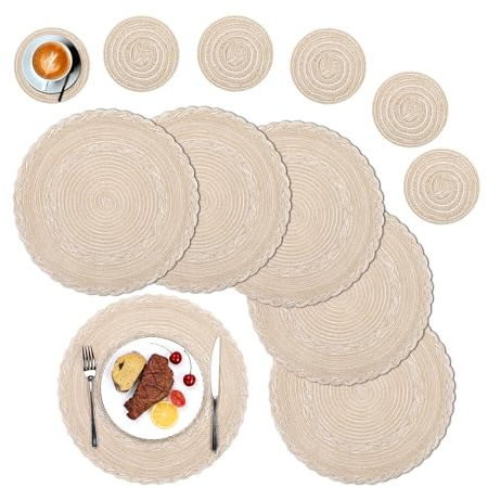 SHACOS Set of 6 Round Placemats, 38 cm Washable Cotton Placemat and 6 Pcs Coasters 10 cm, Decorative Heat Resistant Placemat for Kitchen Dining Table