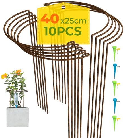 LyTaispuly 10 Pack Rusty Metal Garden Plant Support Stakes Tall(Raw Steel Designed to Rust), 40cm High Large Strong Half Round Hydrangea Ring Cage, Bow Type Flower Hoops for Outdoor Peony Rose Tomato