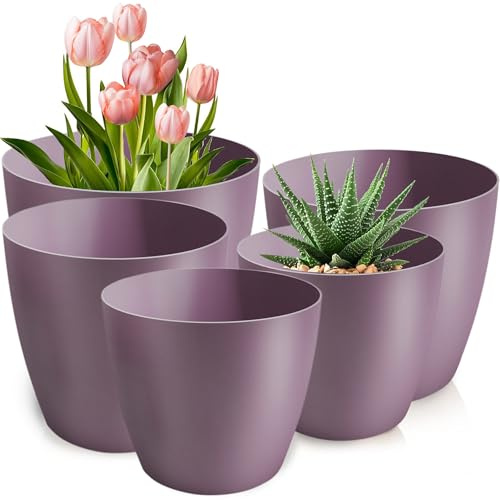 PECZEKO Blumentopf matt, 5er-Set blumenkübel, 12/14/16/18/20 cm Pflanzkübel aus Übertopf Kunststoff Topf für, groß und klein Pflanzen, 5er-Set blumenkübel kräutertopf, Violett