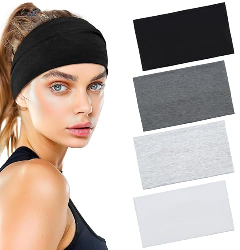 BELEVO Stirnband Damen Sport, Elastische Haarband Dünn Haarbänder Schwarz Antirutsch Headband Weiches Hair Band, 4 Stück Haarschmuck Damen für Yoga Fitness Laufen Exercise Gym (Schwarz Weiß Grau)