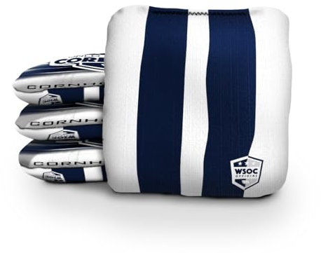 Offizielle World Series of Cornhole Bags - Professionelle Maislochbeutel - Doppelseitige Sitzsäcke 4 Stück - Stoffgeschwindigkeiten (Vorderseite 2, Rückseite 9) - Klassische Streifen Weiß und