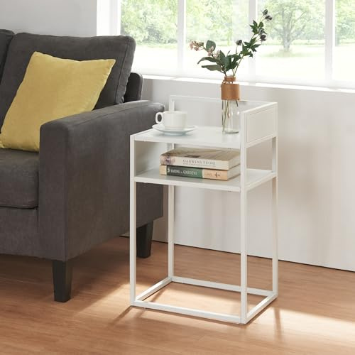 [en.casa] Beistelltisch Riihimäki Wohnzimmertisch mit Ablagefach Couchtisch Ablagetisch Weiß matt Nachttisch Metall Sofatisch 65 x 40 x 30 cm