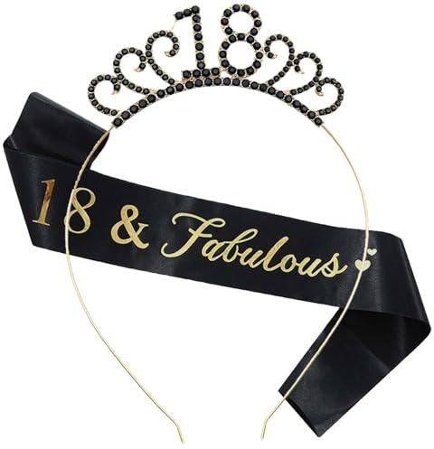 MIOSJI 18th Birthday Sash and Crown Crystal Tiara Hat for Girl's 18th Birthday Decorations Gift Party Accessories
