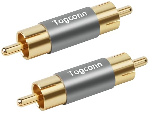 Togconn RCA Adapter 2 Pack,RCA Male to Male Pure Copper Pins Coupler Extension, Gold Plated RCA M-M Barrel Audio Video Connector Adapter Extend Subwoofer for HDTV,Speakers, Amplifiers, Car Audio